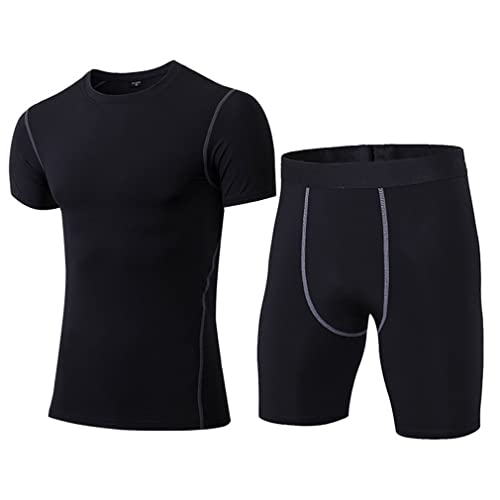 Barrageon Herren Kompressionsshirt Kompressions Shorts Set Schnell Trocknend Kompression Funktionswäsche Elastisch Lauf Training T-Shirt Shorts (B-Schwarz-3XL) von Barrageon