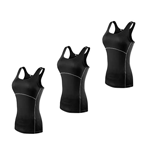 Barrageon Sport Tank Tops 3Pcs Damen Kompression Achselshirts Schnell Trocknend Kompressionsshirt Elastisch Ärmellos Top Training Fitness (Schwarz-L) von Barrageon