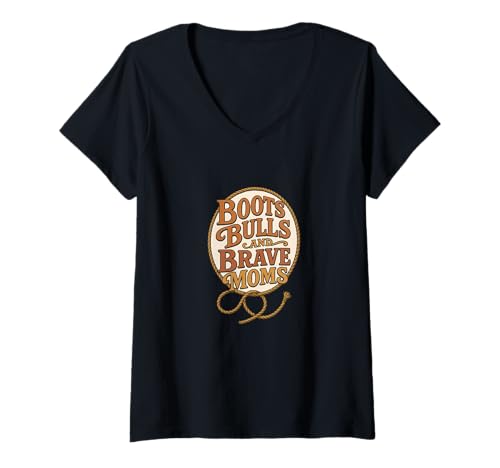 Damen Country-Rodeo-Unterstützer-Design von Boots Bulls and Brave Moms T-Shirt mit V-Ausschnitt von Barrel Racing Mama