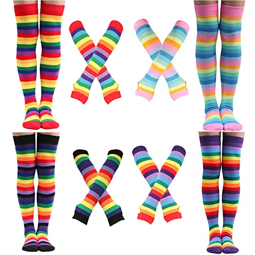 Barrlves 2/4 Sets Damen Gestreifte Kniestrümpfe Lange Strick Armstulpen Fingerlose Handschuhe für Halloween Kostüm, 4 Sets gestreifter Regenbogen, Einheitsgröße von Barrlves