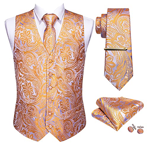 Barry.Wang Formelles Herren-Westen-Set, Paisleymuster, Krawatte, Taschentuch, Manschettenknöpfe, Anzug, Weste, Designer, 5 Stück, Gold und Blau, 3XL von Barry.Wang