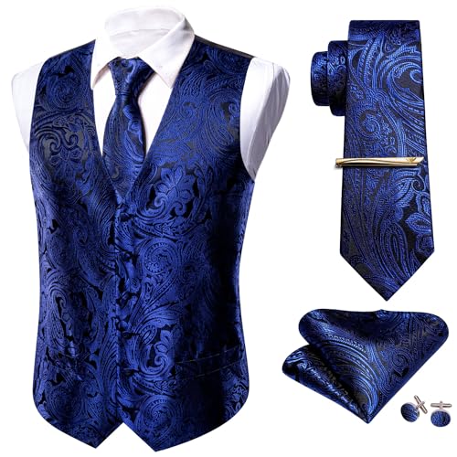 Barry.Wang Formelles Herren-Westen-Set, Paisleymuster, Krawatte, Taschentuch, Manschettenknöpfe, Anzug, Weste, Designer, 5 Stück, blau, 3XL von Barry.Wang