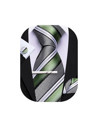 Barry.Wang Gestreifte Krawatte mit Krawattenklammer für Herren, Seidenkrawatte, Einstecktuch, Manschettenknöpfe, Set, formell, Business, Hochzeit, Party, Salbeigrün und Schwarz, Einheitsgröße von Barry.Wang
