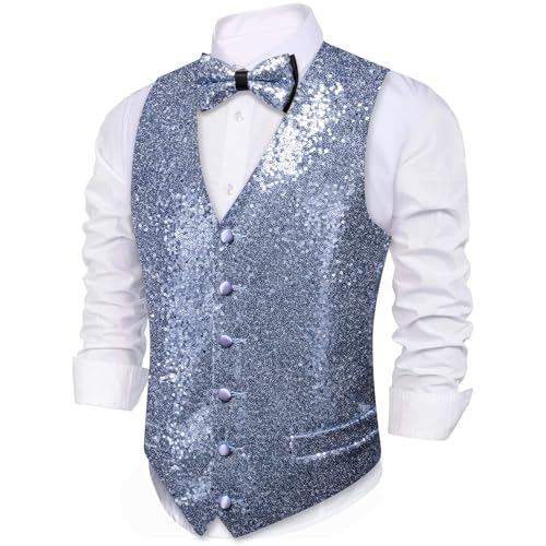 Barry.Wang Glänzende Herren-Weste mit Pailletten, Fliege, Set, glitzernd, lässig, Weste, Festival, Disco, Party, Abschlussball, hellblau, S von Barry.Wang