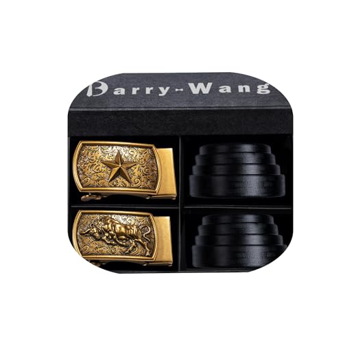 Barry.Wang Gürtel Herren 2 Stück Ledergürtel Ratsche Automatikschließe für Anzug Gürtel-3,5cm Breite Business mit Geschenkbox Star Bull Muster Schwarz von Barry.Wang