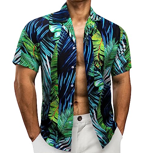 Barry.Wang Hawaii-Kurzarmhemden für Herren, Blumendruck, klassisch, lässig, Kuba-Ausschnitt, Blumendruck, tropisch, Strand, Party, Urlaub, Kleid, dunkelgrün, XL von Barry.Wang