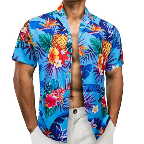 Barry.Wang Hawaiihemd Herren Kurzarm-Hemd Party-Hemd Sommerhemd Hawaii-Print Baumwolle Kurzarm Lässig Blau S-3XL von Barry.Wang