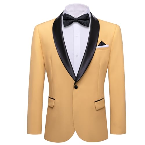 Barry.Wang Herren Blazer Samt Anzug Fliege Taschentuch Manschettenknöpfe Brosche Set Revers Einknopf Smoking Party Hochzeit Anzug Jacke, Gelb Khaki, S von Barry.Wang