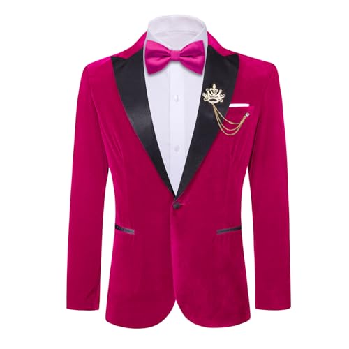 Barry.Wang Herren Blazer Samt Anzug Fliege Taschentuch Manschettenknöpfe Brosche Set Revers Einknopf Smoking Party Hochzeit Anzug Jacke, rosarot, S von Barry.Wang