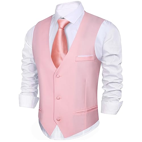 Barry.Wang Herren Business Formal/Casual Weste V-Ausschnitt Einfarbig Wollmischung 3 Taschen Slim Fit Weste, A-Pink, XL von Barry.Wang