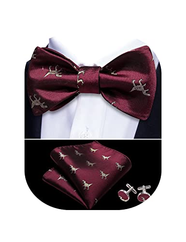 Barry.Wang Herren Fliege Set Seide Paisley Self Tie Fliege Einstecktuch Manschettenknöpfe Blume Hochzeit Party Abschlussball Smoking, Rotes Dinosaurier-Muster, Einheitsgröße von Barry.Wang