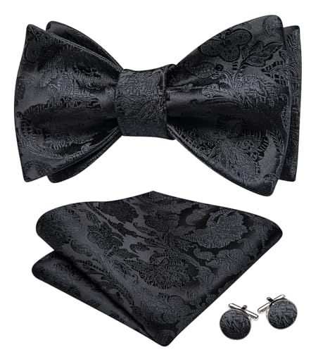 Barry.Wang Herren Fliege Set Paisley Selbstbindung mit Einstecktuch Manschettenknöpfe Blume Seide Hochzeit Party Abschlussball, Solide schwarze Blume, Einheitsgröße von Barry.Wang