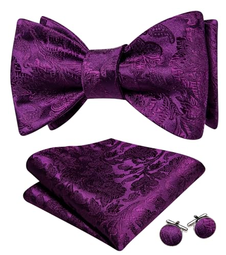 Barry.Wang Herren Fliege Set Paisley Selbstbindung mit Einstecktuch Manschettenknöpfe Blume Seide Hochzeit Party Abschlussball, Violette Blume, Einheitsgröße von Barry.Wang