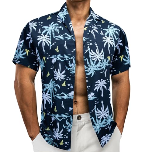 Barry.Wang Hawaiihemd Herren Kurzarm-Hemd Party-Hemd Sommerhemd Hawaii-Print Baumwolle Kurzarm Lässig Grün S-3XL von Barry.Wang