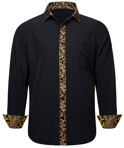 Barry.Wang Herren Hemd Kontrast Casual Formal Classic Button Down Kleid Shirt Langarm, Schwarz-Goldblume, L von Barry.Wang