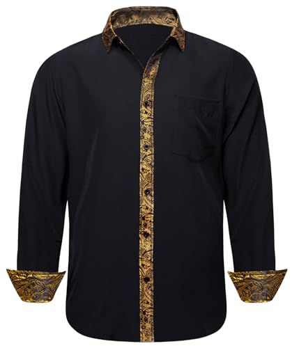 Barry.Wang Herren Hemd Kontrast Casual Formal Classic Button Down Kleid Shirt Langarm, Schwarz-goldene Blumen-Shorts, L von Barry.Wang