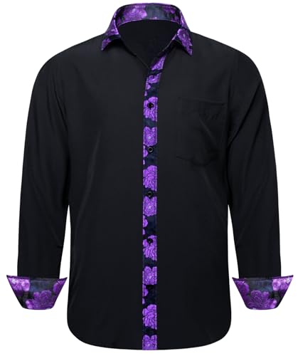 Barry.Wang Herren Hemd Kontrast Casual Formal Classic Button Down Kleid Shirt Langarm, schwarz / lila, L von Barry.Wang