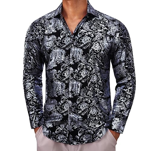 Barry.Wang Herren Hemd Weihnachten Luxus Paisley Gold Glänzende Blume Langarm Kleid Hemd für Männer Party Hochzeit Urlaub Xmas, Schwarz, 3X-Groß von Barry.Wang