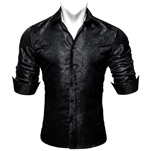 Barry.Wang Herren Hemden Paisley Woven Blume Seide Kleid Hemden Französisch Manschette Mode Freizeit Faltenfrei, Schwarz , XL von Barry.Wang