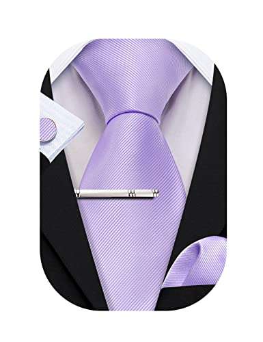 Barry.Wang Herren-Krawatten, 7 cm, einfarbig, Satin, Krawatte, Einstecktuch, Manschettenknöpfe, Clip, 4-teiliges Set, Business, Hochzeit, Party, Arbeit für Männer, Lavendel-Krawatte, Einheitsgröße von Barry.Wang