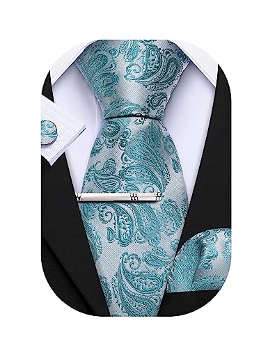 Barry.Wang Herren Krawatte 160 cm Seide Slim Paisley/Einfarbig Mode Taschentuch Manschettenknöpfe Clip 4 Stück Klassische Hochzeit Business Party, türkis, Einheitsgröße von Barry.Wang