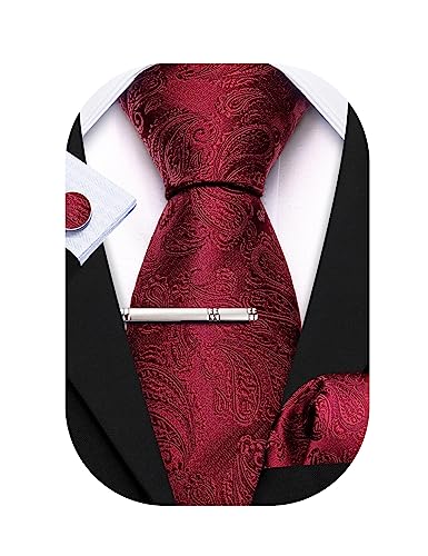 Barry.Wang Herren Krawatte 63" Seide Slim Krawatte Paisley/Solid Color Mode Taschentuch Manschettenknöpfe Clip 4PC Klassische Hochzeit Business Party von Barry.Wang