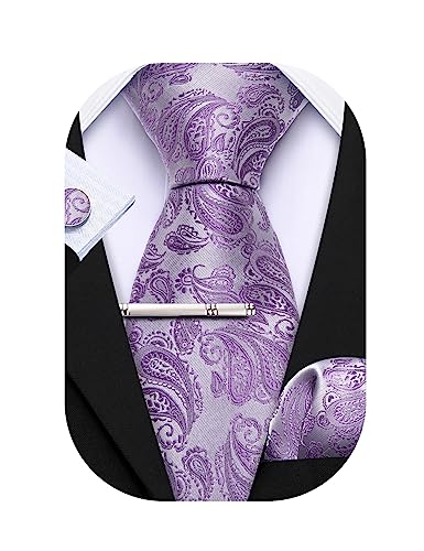 Barry.Wang Herren Krawatte 63" Seide Slim Krawatte Paisley/Solid Color Mode Taschentuch Manschettenknöpfe Clip 4PC Klassische Hochzeit Business Party von Barry.Wang