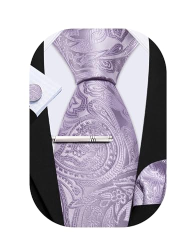 Barry.Wang Herren Krawatte Einfarbig Uni Schlips Satin Mit Einstecktuch Hochzeit Krawattenset (Hellviolett) von Barry.Wang