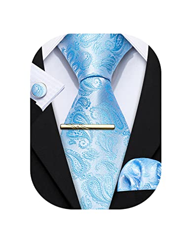 Barry.Wang Herren Krawatte Einfarbig Uni Schlips Satin Mit Einstecktuch Hochzeit Krawattenset (Reines Hellblau) von Barry.Wang