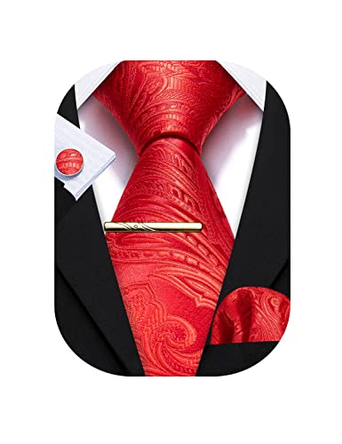 Barry.Wang Herren Krawatte Einfarbig Uni Schlips Satin Mit Einstecktuch Hochzeit Krawattenset (Reines Rot) von Barry.Wang