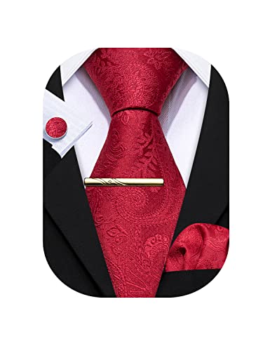 Barry.Wang Herren Krawatte Einfarbig Uni Schlips Satin Mit Einstecktuch Hochzeit Krawattenset (Rote Paisley-Blume) von Barry.Wang