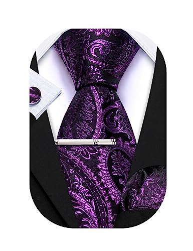 Barry.Wang Herren Krawatte Reine Farbe Paisley Mode Krawatte Taschentuch Manschettenknopf Clip 4PC Klassische Hochzeit Business Party von Barry.Wang