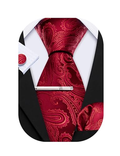 Barry.Wang Herren Krawatte Satin Paisley Blume Seide Krawatte Mode Einstecktuch Manschettenknöpfe Clip 4 Stück Klassische Hochzeit Business Party, Reines rotes Paisleymuster, Einheitsgröße von Barry.Wang