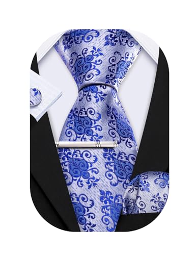 Barry.Wang Herren Krawatte Satin Paisley Blume Seide Krawatte Mode Einstecktuch Manschettenknöpfe Clip 4 Stück Klassische Hochzeit Business Party, blaue blume, Einheitsgröße von Barry.Wang