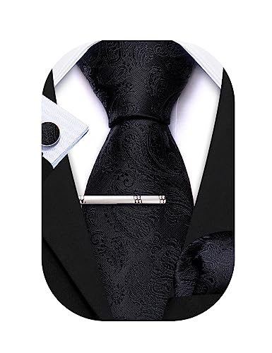 Barry.Wang Herren Krawatte Seide Set Florale Paisley-Krawatte Einstecktuch Manschettenknöpfe im Krawattenklammer Feierliche Hochzeit Party von Barry.Wang