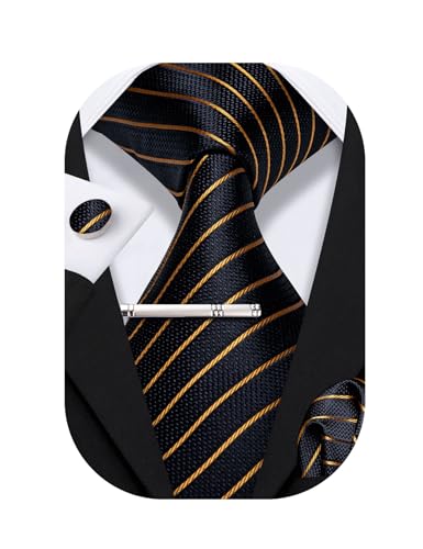 Barry.Wang Herren Krawatte Set Seiden-Geschäfts-Streifen Plaid-Krawatten-Set mit Taschentuch Manschettenknopf für Hochzeit Formell von Barry.Wang