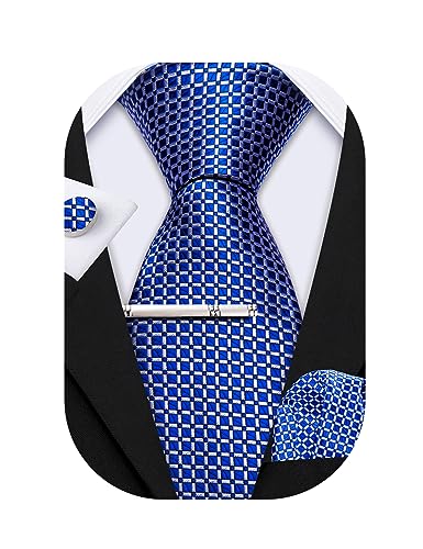 Barry.Wang Herren Krawatte Set Seiden-Geschäfts-Streifen Plaid-Krawatten-Set mit Taschentuch Manschettenknopf für Hochzeit Formell von Barry.Wang