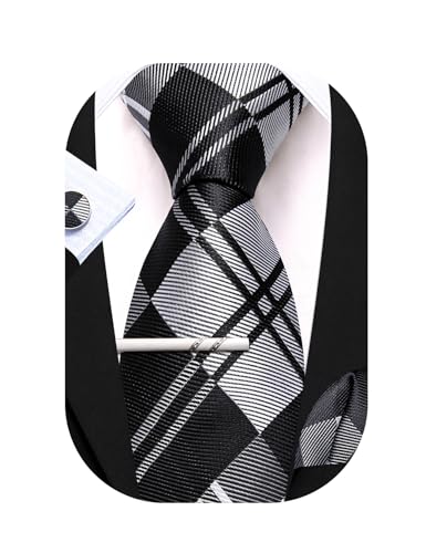 Barry.Wang Herren Krawatte Set Seiden-Geschäfts-Streifen Plaid-Krawatten-Set mit Taschentuch Manschettenknopf für Hochzeit Formell von Barry.Wang