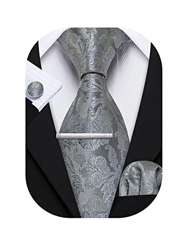 Barry.Wang Seiden-Krawatten Business mit Taschentuch und Manschettenknöpfen, Krawatten Set für festliche Hochzeit, grau, One size von Barry.Wang