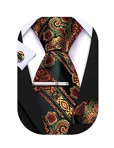 Barry.Wang Herren Krawatten Seide 4 Stück Einfarbig Paisley Formal Satin Krawatte Einstecktuch Party Klassisch Hochzeit Jubiläen Geschenkbox, Goldfarben / Schwarz, Einheitsgröße von Barry.Wang