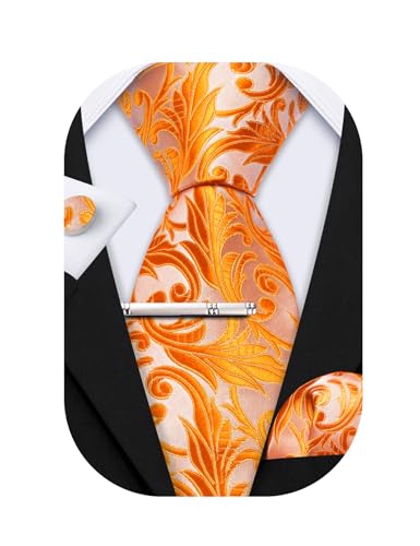 Barry.Wang Herren Krawatten-Set Solide Paisley Floral Seide Krawatte Taschentuch Manschettenknöpfe Krawattenklammer Hochzeit Business, Goldene orange Blume, Einheitsgröße von Barry.Wang