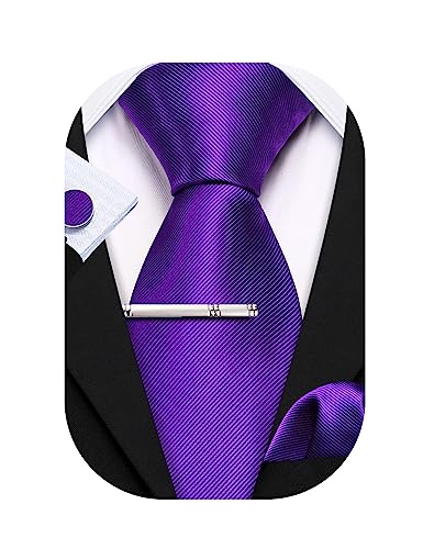 Barry.Wang Herren-Krawatten-Set mit Einstecktuch, Manschettenknöpfen und Krawattenspange, 4-teiliges Set, seidige Farbe, Paisleydesign, modisch, elegant, floral, Hochzeit, deep purple, Einheitsgröße von Barry.Wang