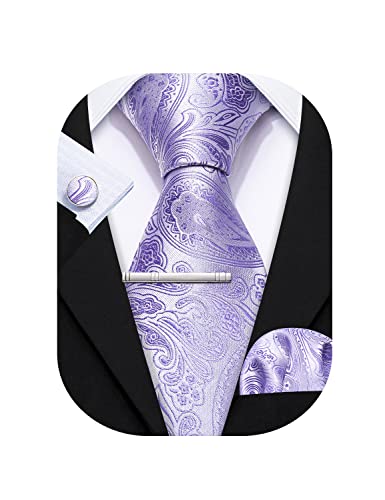 Barry.Wang Herren-Krawatten-Set, modisch, Paisley-Krawatte, Taschentuch, Manschettenknöpfe, Party, klassische Jubiläen, Hochzeit für Männer, violett, Einheitsgröße von Barry.Wang