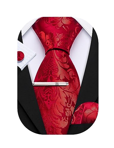 Barry.Wang Herren-Krawatten, Seide, 4 Stück, einfarbig, Paisley, formelle Satin-Krawatte, Einstecktuch, Party, klassisch, Hochzeit, Jubiläen, Geschenkbox, Rotes Paisley, Einheitsgröße von Barry.Wang