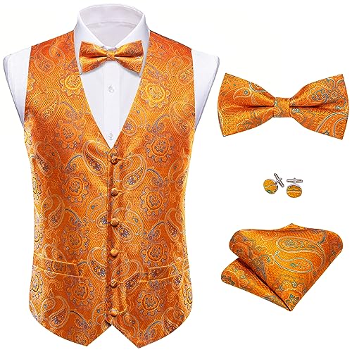 Barry.Wang Herren-Manschettenknöpfe mit Paisleymuster und Blumenmuster, Jacquard, Anzugweste und Krawatte, Einstecktuch, Manschettenknöpfe für formelle Hochzeitsfeiern, Größen S-3XL, Orange Blau von Barry.Wang