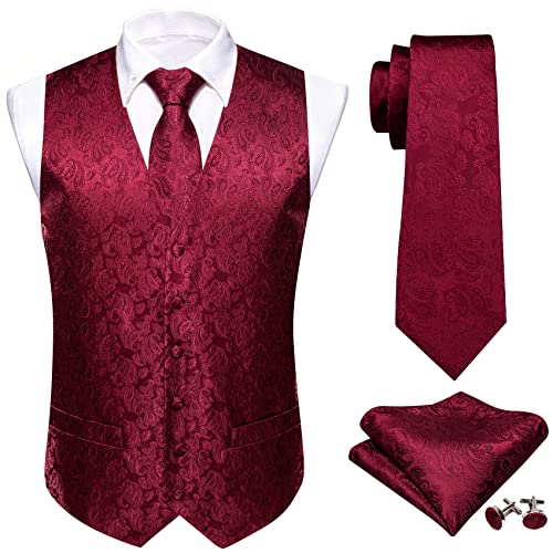 Barry.Wang Herren Paisleymuster Blume Jacquard Seide V-Ausschnitt Anzug Weste und Krawatte Einstecktuch Manschettenknöpfe für Hochzeit Smoking Abschlussball, burgunderfarben, L von Barry.Wang