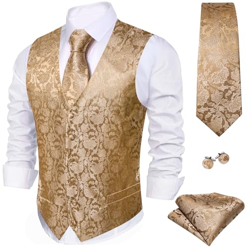 Barry.Wang Herren Paisley Anzug Weste Seide Formal/Freizeit Blumen Jacquard V-Ausschnitt Weste Krawatte Set Hochzeit Smoking Abschlussball, hellbraun, M von Barry.Wang