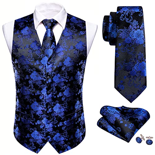 Barry.Wang Herren Paisley Anzug Weste Seide Formal/Freizeit V-Ausschnitt Jacquard Weste Krawatte Set, Blaue, schwarze Blume, XXXL von Barry.Wang