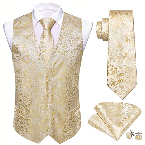 Barry.Wang Herren Paisley Anzug Weste Seide Formal/Freizeit V-Ausschnitt Jacquard Weste Krawatte Set, hellbeige, M von Barry.Wang