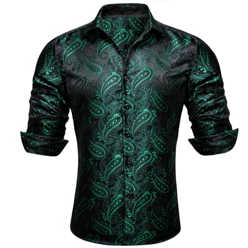 Barry.Wang Herren Paisley Bequemer Schnitt für große und große Männer Hemd Seide Business Hochzeit Freizeithemd für Männer Schwarz S-3XL von Barry.Wang